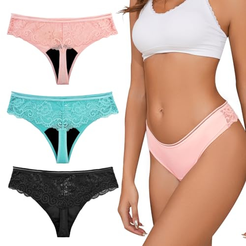 shaperisfree Tanga de Encaje para Mujer, Tangas de período a Prueba de Fugas, Bragas absorbentes, Parte Inferior de Bikini de Tanga Menstrual, Azul/Rosa/Negro-Paquete de 3, Large