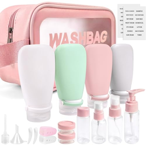 Noideeer 18-pack reseflaskor för toalettartiklar, gym, TSA-godkända, läckagesäker med bandage silikon klämbar för toner schampo balsam lotion kroppstvätt med tratt tandborstskyddstagg och tvättväska.