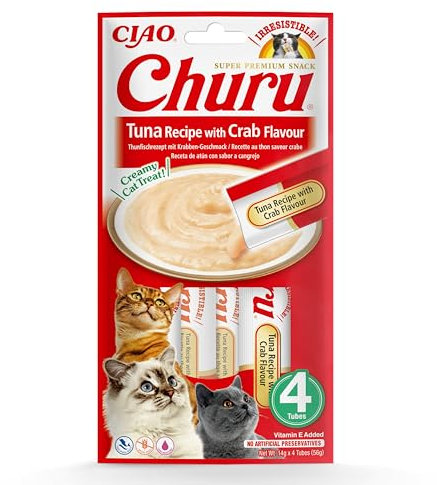 INABA Churu Püree Katzensnacks - Katzenpaste zum Füttern aus der Hand - Katzensticks mit Thunfisch & Krabben - 4 Sticks x 14 g