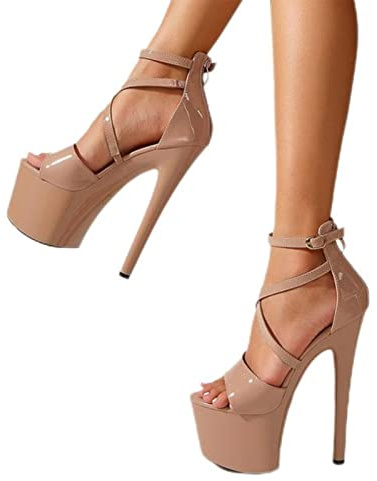 Bleau Chaussures Sexy à Talons Super Hauts avec Plateforme pour Pole Dance - Mode - Bout Ouvert - Boucle - Lanière - Sandales d’été - Fermeture éclair - Femmes, Abricot, 41 EU