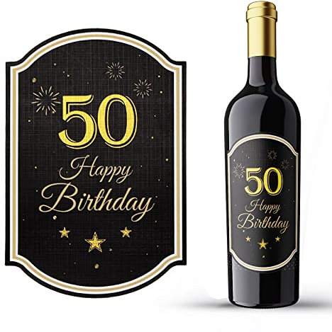 2 Stück 50. Geburtstag Flaschenetikett Schwarz Gold 8,5x12cm Happy Birthday 50 Geburtstagsdeko Flaschenetiketten Weinflaschen selbstklebend Geburtstagsgeschenk Geschenke für Frauen Männer
