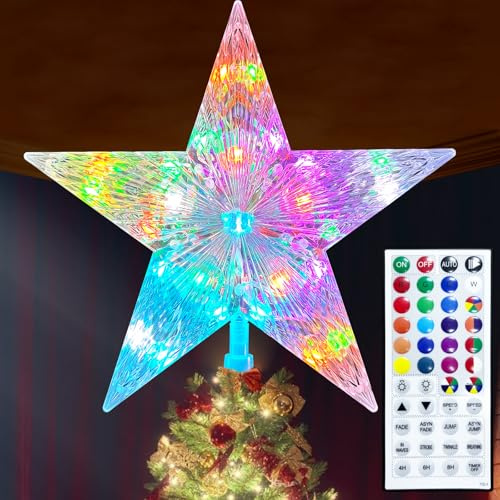 Christmas Tree Topper Star 9.0 LED Lighted Star Tree Top w/Remote Control, 128 Light Modes, Color Changing, Dimmable, Timer, USB Plug in, Wire 16.4Ft Treetop for Xmas Holiday Party Gift Decorations