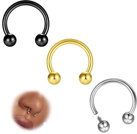 ESHIONER G23 Titanio Septum Anello Ferro di Cavallo Daith Trago Lip Nostril Piercing Naso Helix Conch per Donna Uomo 18G 16G 8MM/10MM Ipoallergenico Argento Oro 3 Pezzi