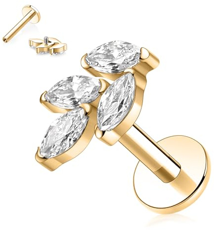 Pendientes de labret de titanio G23 de 16 G, con circonita cúbica y ópalo para cartílago, parte trasera plana, rosca interna, Monroe, labio, hélice, cartílago, caracola, tragus, 6, 8, 10 mm, Titanio