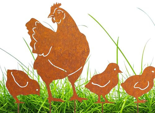 Voarge Lot de 4 piquets de jardin en métal patiné - Décoration de jardin - Poules - Rouille - Décoration pour jardin, terrasse, balcon ou pot de fleurs