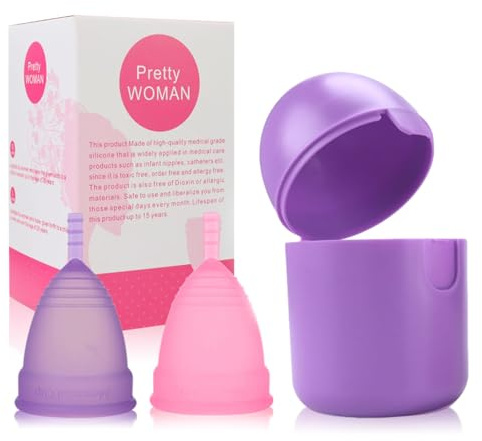 PATILWON Cup Menstruelle, Comprend 2 Coupes 1 Stérilisateur, Silicone de Qualité Médicale, Doux, Réutilisable et Lavable 100% Sûr (Cup Menstruelle Grande (rose rouge + violet))