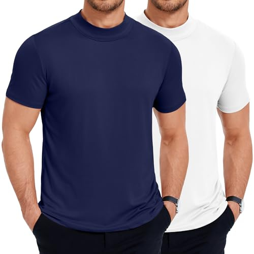 COOFANDY Pack di 2 T-Shirt Uomo Maniche Corte con Mezzo Collo Arrotolato Scollo Rotondo Slim Fit T-Shirt Estivo Canottiera Maglia Basic Bianco/Blu Navy S