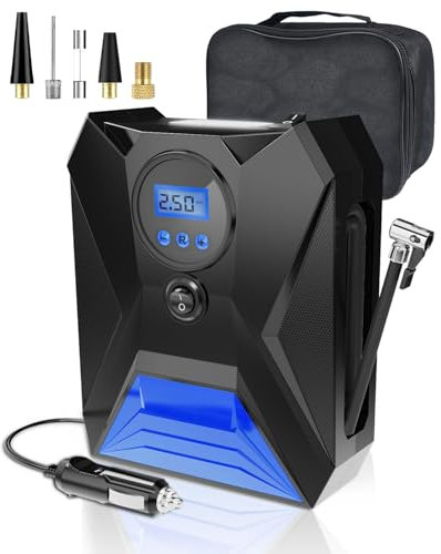 Rumicet Gonfleur Pneus Voiture Portable avec Écran Numérique, 12V Compresseur à Air, Fonction Mémoire, Arrêt Automatique, Lumière LED, 3 Embouts pour Voiture, Vélo, Moto, Ballon (Bleu)