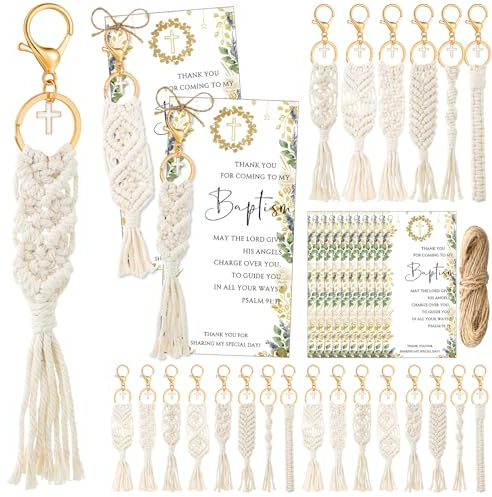 Sureio 24 Set Baptism Party Favors Bulk Boho Macrame Keychain with Cross Thank You Card First Communion Gifts Christening Supplies