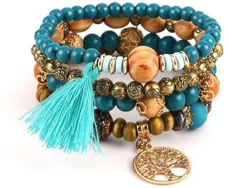 JSMTKJ Braccialetti Bohémien Multistrato con Perline di Legno e Albero della Vita Set di 4 Braccialetti Bohémien braccialetti da donna con albero della vita per Donna