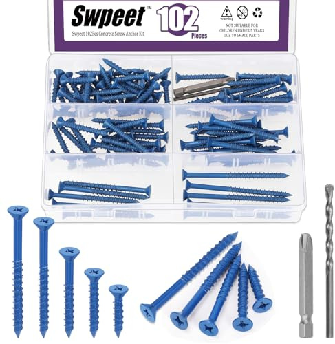 Swpeet 102 tasselli per calcestruzzo a testa piatta da 3/16, 5 misure, con punta per cacciavite e kit assortito di punte da trapano, viti per calcestruzzo, viti autofilettanti per cemento, per