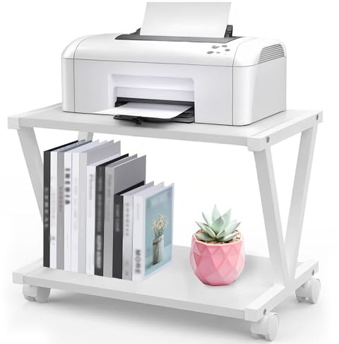 Gevvnss 2 Tier Under Desk Printer Stand,17.3x11x11 Inches Printer Cart with Wheels,Mobile Printer Table for Home Office,Large Printer Stand with Storage,for Home Office,White