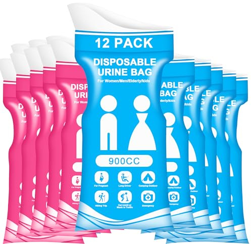 SZWLJ 12-Pack 900CC Blue & Pink Disposable Urine Bags for Camping Essentials | Leak-Proof Travel Potty with Odor Control & Foldable Design