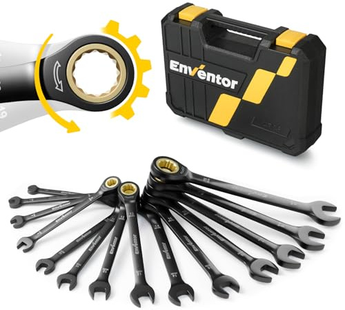 Enventor 14PCS Ratchet Spanner Set - Metric, 6-19mm Ratcheting Combination Spanner Sets with Carry Case, 72-Teeth, 5° Swing Arc, Chrome Vanadium Steel, Electrophoretic Black Coating