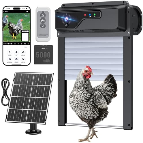 Puerta de gallinero automática con cámara WiFi y aplicación, puerta de bobinado, ahorro de espacio para gallinero, recarga solar, control remoto, temporizador, antipellizco