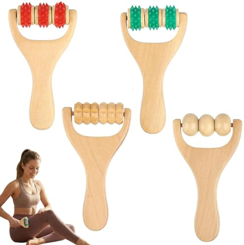 4 stycken massagerullar i trä med handtag – ergonomisk massagerulle för rygg, ben, armar och helkropp, fascia rulle liten, cellulitmassagehand, massagerulle för avkoppling och blodcirkulation