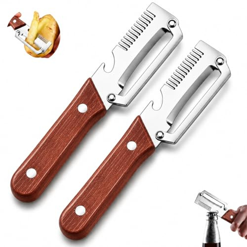 Pelapatate ProfessionaleSet da 2, Pela Patate Multifunzione con Apribottiglie, Sbuccia Mela Acciaio Inossidabile Manico Legno, Utensile Cucina per Verdure e Frutta (B)