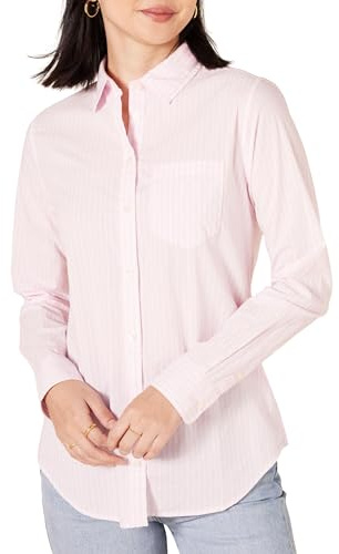 Amazon Essentials Classic-fit Long-Sleeve Poplin Shirt Mujer, Rosa Rayas, L