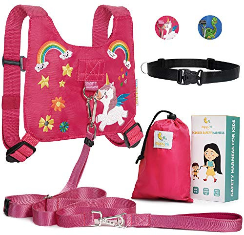 HappyVk-Guinzaglio per bambini,imbracatura di sicurezza per bambini, anti smarrimento, con chiusura a cordoncino e cintura per genitori-con ricamo a unicorno-per ragazze di 1-4 anni