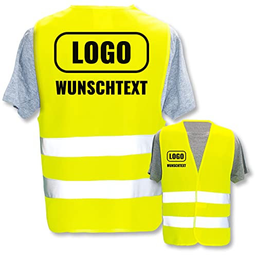 Hochwertige Warnweste direkt selber gestalten * eigener Aufdruck mit Text Logos Grafiken Designs, Position & Druckart:Rücken + Front/Premium-Druck, Farbe & Größe:Gelb/Größe M
