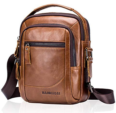 MANNUOSI Leder Umhängetasche Herren Schultertasche Herrentasche Vintage für Arbeit Reise Alltagsleben Braun