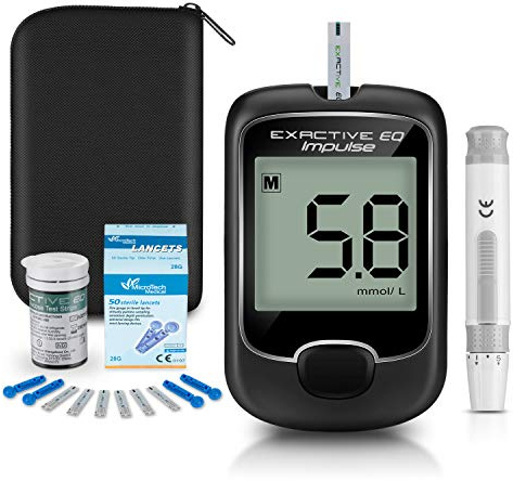 Diabetes test kit glucosio nel sangue kit di monitoraggio della glicemia con 25 strisce reattive e 25 lancette per diabetici in mg/dL di Exactive EQ Impulse