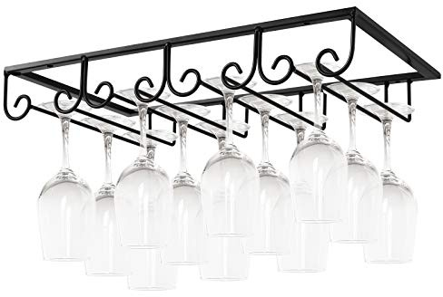 MOCOUM Under Cabinet Wine Glass Rack Stemware Rack, Wine Glasses Hanger Rack Wire Wine Glass Holder Storage Hanger for Cabinet Kitchen Bar (Black, 4 Rows 1 Pack)