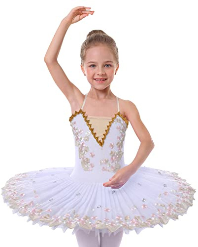 IBAKOM Girls Ballet Dance Dress Swan Lake Sling Strap Lace Pearl Embroidery Camisole Gymnastic Leotard Tutu Costume Figure Skating Dancewear Ballerina Outfit White - Flower 11-12 Years