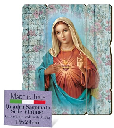 Fratelli Bonella – Cuadro de corazón inmaculado de María contorneado vintage, cuadro de madera de álamo, 8 mm, para dormitorio, 19 x 24 cm, 100 % fabricado en Italia