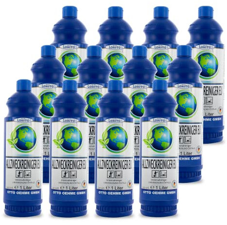 Lorito Allzweckreiniger Konzentrat 1 L 12 Stk. - Nachaltiger Öko-Reiniger biologisch abbaubar zertifiziert mit dem EU-Ecolabel, Reinigungsmittel für Edelstahl, Fliesen, Laminat, PVC, Made in Germany