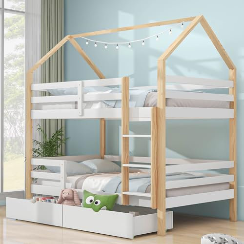 KecDuey Etagenbett 90 X 200 cm,Kinderbett in Hausform mit Zwei große Schubladen Kiefernholz Hausbett ohne Matratze
