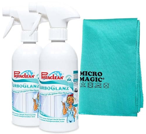 Pastaclean® Turboglanz Glasreiniger, Glasveredelung und Oberflächenschutz mit Apperleffekt, Streifenfreie Reinigung, 2x 500 ml + 1x Poliertuch
