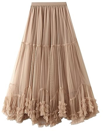 Loalirando Women Layered Tulle Long Skirt UK Ladies Fashion High Waist Solid Color Frill Trim Ruffle Midi Skirt (Khaki D, One Size)