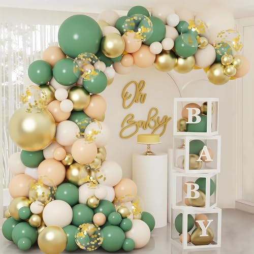 136 pièces décorations de fête prénatale pour garçon et fille, boîtes à ballons, kit d'arc de ballons vert sauge et or, 4 boîtes pour fête prénatale, baptême, révélation du genre, anniversaire