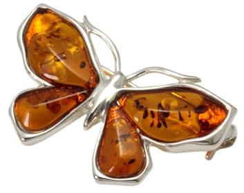 Baltic Amber Sterling Silver 925 Butterfly Brooch Pin Natural Amber Gemstone Women's Jewellery