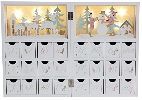 PE Noël Calendrier de l'Avent Livre en bois avec 24 tiroirs - Calendrier de Noël illuminé avec scène de village - Décoration à remplir (Blanc)