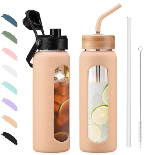 BLUEGO 700ML Bouteille d'eau en Verre et 2 Couvercles Gourde Reutilisable Tasse à Café avec Marqueur de Temps et Protecteur en Silicone Sans BPA pour Enfant et Adultes, Ambre