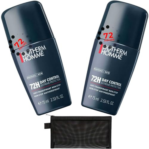 Deodorante roll-on da uomo – 2 x 75 ml Day Control Extreme Protezione 72H | Senza alcool, anti-odore, antitraspirante da uomo | Formato da viaggio con organizer per borsa a rete nera con cerniera