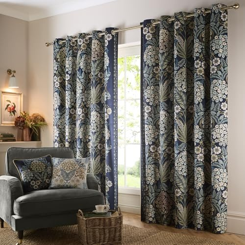 Appletree - Navy & Dark Blue Botanical Eyelet Curtains W66 x L54 (168 x 137cm) - Vintage Floral Curtains & Drapes for Bedroom & Living Room