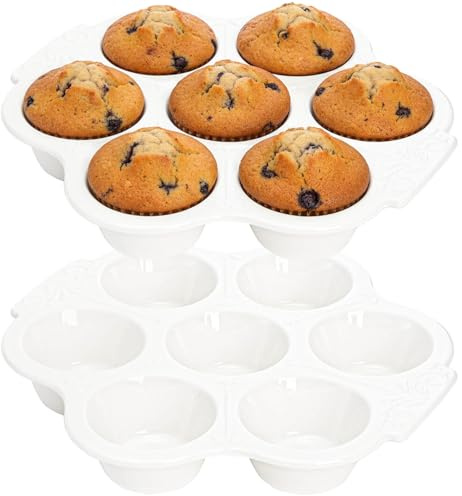 Youeon 2 Pcs Ceramic Muffin Pans, 7 Cup Nonstick Cupcake Baking Pans with Floral Handles, Durable Oven & Dishwasher Safe Ceramic Muffin Tins for Muffins, Cupcakes, Cheesecakes, and More