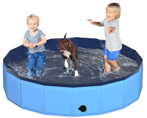 CACSPS 63 x 12 Foldable Dog Pool - Collapsible Hard Plastic Kiddie Pool for Dogs & Kids, Non-Slip Pet Bath Tub for Outdoor Backyard Use, Lightweight & Portable (Blue)