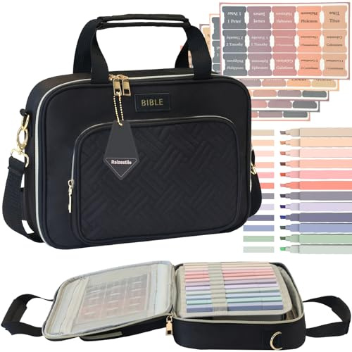 Bible Cover for Women Bible Case, Large Bible Bag, Bible Study Supplies Bible Journaling Kit Book Carrying Case with Bible Highlighters Tabs, Valentines Day Christian Gifts for Women (Black)