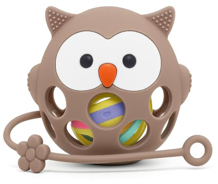 MÜVI – Mordedor bebé con sonajero y correa, texturas sensoriales para dentición, diseño que mejora coordinación mano-boca, +3 meses, silicona alimentaria, sin BPA - Baby teether (Marrón)