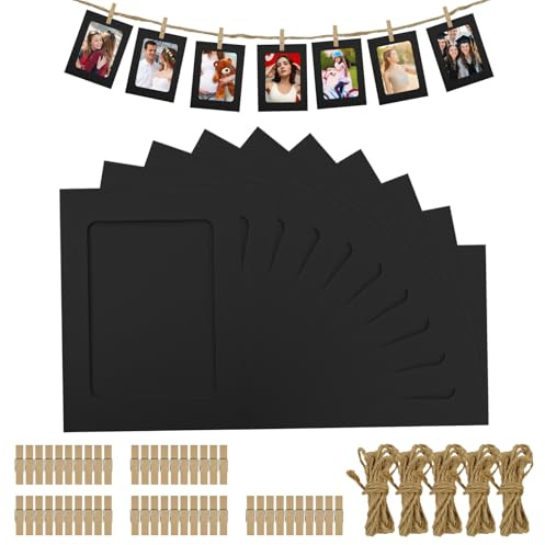 50 Pack Paper Picture Frames 4x6,Black Paper Frame with Wood Clips and Jute Twine,Photo Wall Display Cardboard Frames for Home Diy Hanging Photo Display for Picture Display Wall Decor Christmas