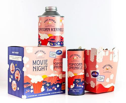 Sout Afrika Movie Night Gift Box – Gourmet Popcorn Kernels (500g), Salt & Vinegar Seasoning (200g), 6 Popcorn Cups | South African Flavouring for Healthy Savoury Snacks