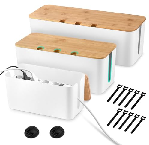 KUOFANY Set da 3 Scatola per cavi con coperchio in bambù, Scatole Organizzatrici per Cavi, Organizer per la Gestione dei Cavi, Scatola Nascondi Cavi per Nascondere e Organizzare