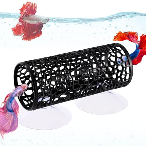 Lyreh Giocattoli a Tunnel per Pesci Betta, Tunnel Betta in Caverna Nera Include 2 Ventose Piccoli Pesci e Gamberetti Accessori e Decorazioni per Acquari