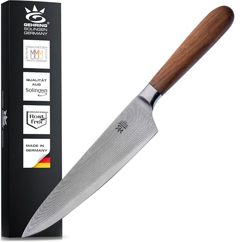 GEHRING SOLINGEN Damast Kochmesser, Scharfes Profi Küchenmesser, Made in Germany, eisgehärteter Damaststahl VG10 + ergonomischer Nussbaum - Holzgriff
