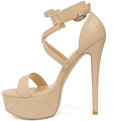 Wtharosa Sandales Plateforme Stiletto Femme Design À Bride Talon Haut Sexy Élégantes Chaussures Été pour Soirée Club Mariage Sortie Confortables Enfiler Facilement,Nude,37 EU
