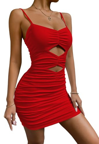 Zesoyne Women Spaghetti Strap Mini Dress Cutout Ruched Bodycon Sleeveless Casual Short Dresses for Party Clubwear S Red